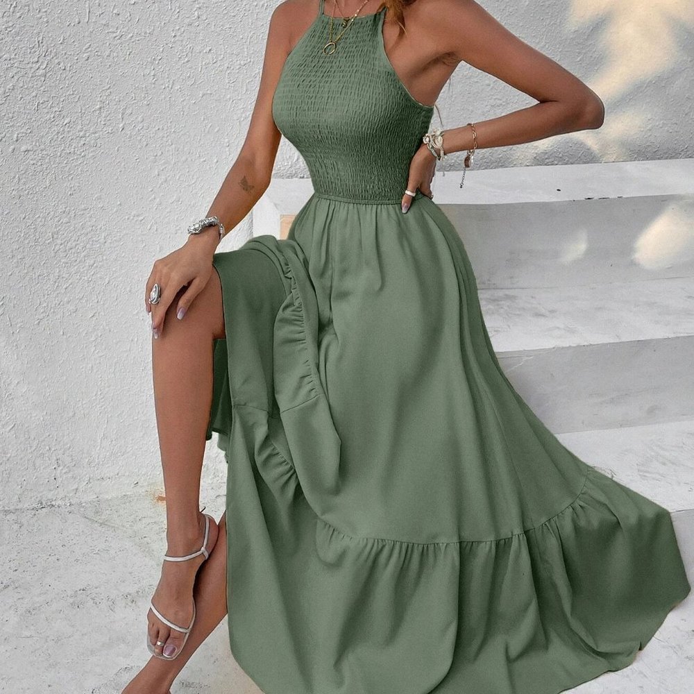 Green Boho Womens Shirred Hanky Hem Cami Dress - Picture 4 of 4